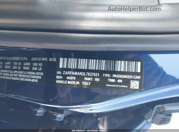 ZARFAMAN2L7637031 2020 ALFA ROMEO GIULIA Blue Вид підкапотного простору