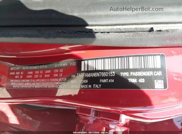 ZARFAMAN6N7660153 2022 ALFA ROMEO GIULIA Red Շարժիչի բաժամունքի տեսք