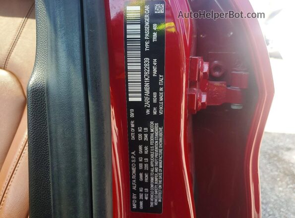 ZARFAMBN1K7622839 2019 ALFA ROMEO GIULIA Red Widok naklejki z numerem VIN