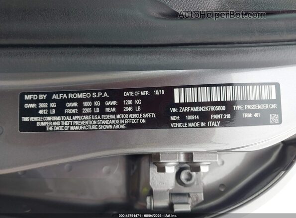 ZARFAMBN2K7605600 2019 ALFA ROMEO GIULIA Gray Вид підкапотного простору