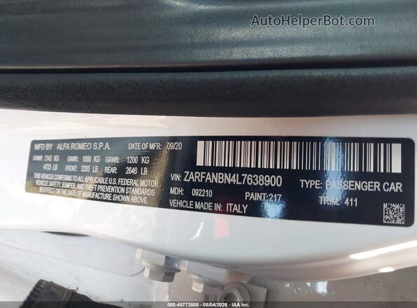 ZARFANBN4L7638900 2020 ALFA ROMEO GIULIA Белый Вид подкапотного пространства