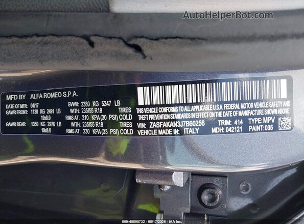 ZASFAKAN3J7B60256 2018 ALFA ROMEO STELVIO Gray Вид підкапотного простору