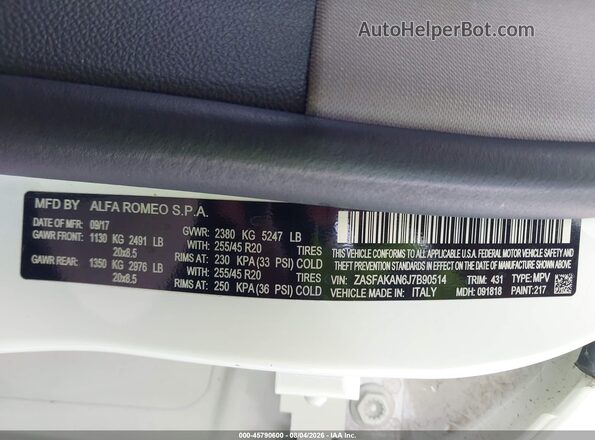 ZASFAKAN6J7B90514 2018 ALFA ROMEO STELVIO Белый Вид подкапотного пространства