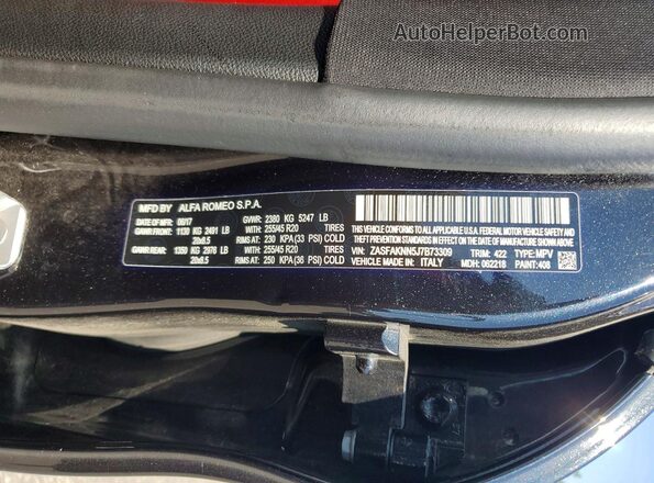 ZASFAKNN5J7B73309 2018 ALFA ROMEO STELVIO Black VIN კოდის სტიკერის ხედი
