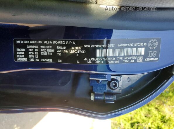 ZASFAKPN7J7B92134 2018 ALFA ROMEO STELVIO Blue Vista de la etiqueta del VIN