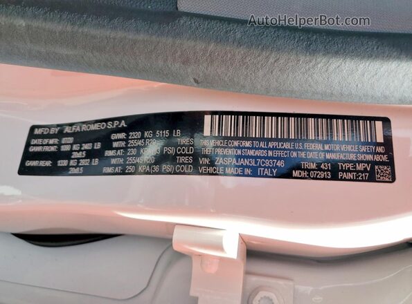 ZASPAJAN3L7C93746 2020 ALFA ROMEO STELVIO White Vista interior de 360 grados