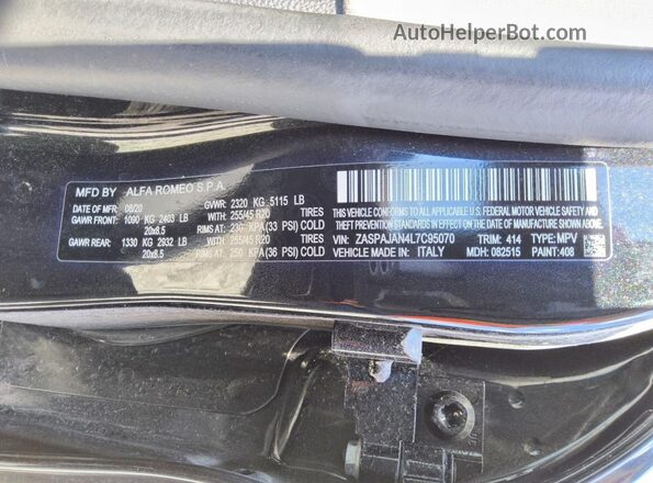 ZASPAJAN4L7C95070 2020 ALFA ROMEO STELVIO Black VIN კოდის სტიკერის ხედი