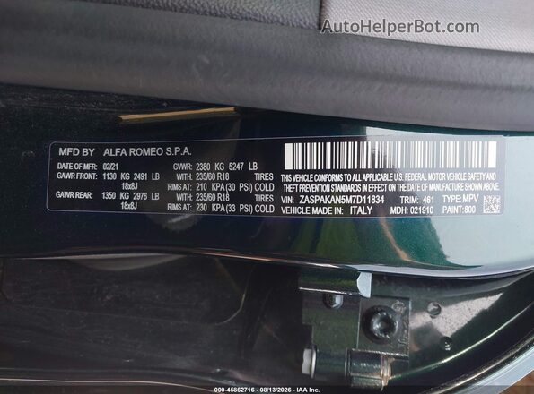 ZASPAKAN5M7D11834 2021 ALFA ROMEO STELVIO Green Vista del compartimento del motor