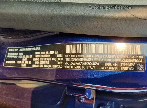 ZASPAKAN9K7C41560 2019 ALFA ROMEO STELVIO Blue Widok naklejki z numerem VIN