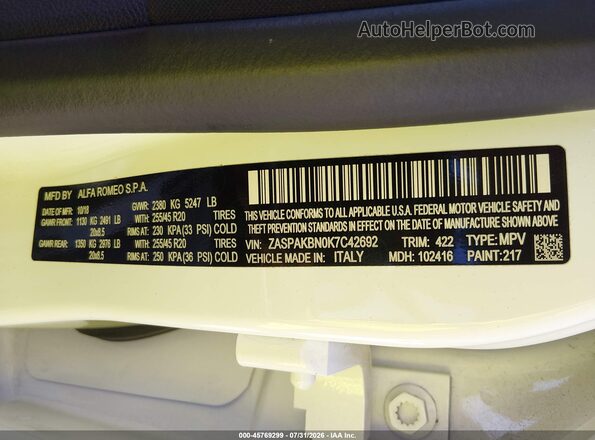 ZASPAKBN0K7C42692 2019 ALFA ROMEO STELVIO White Engine compartment view