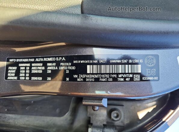 ZASPAKBN0M7D16762 2021 ALFA ROMEO STELVIO Серый Вид наклейки с VIN-кодом