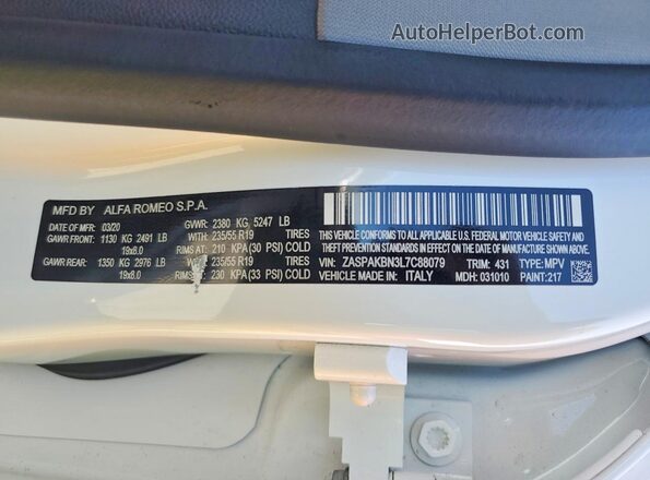 ZASPAKBN3L7C88079 2020 ALFA ROMEO STELVIO White VIN sticker view