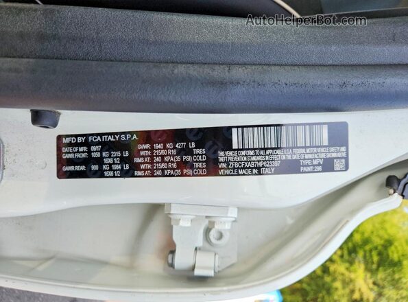 ZFBCFXAB7HP623397 2017 FIAT 500X White VIN կոդի պիտակի տեսք