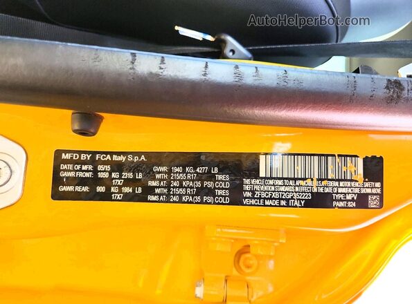 ZFBCFXBT2GP352223 2016 FIAT 500X Yellow VIN կոդի պիտակի տեսք