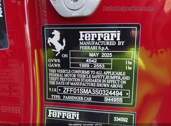 ZFF01SMA3S0324494 2025 FERRARI 296 Красный Вид подкапотного пространства