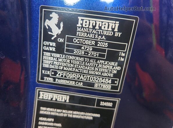 ZFF09RPA0T0328484 2026 FERRARI ROMA Синий Вид наклейки с VIN-кодом