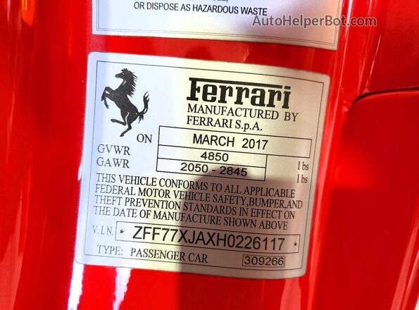 ZFF77XJAXH0226117 2017 FERRARI CALIFORNIA Red VIN կոդի պիտակի տեսք