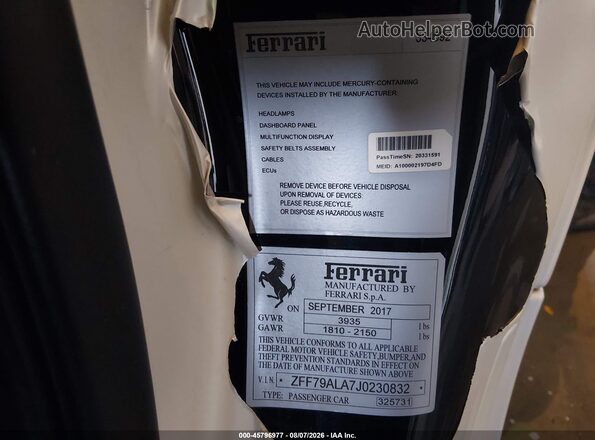 ZFF79ALA7J0230832 2018 FERRARI 488 Белый Вид подкапотного пространства