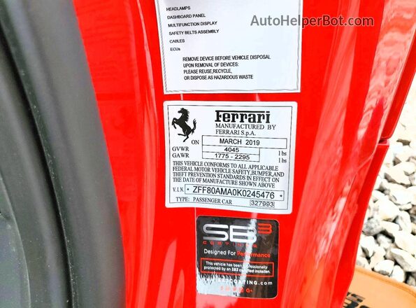 ZFF80AMA0K0245476 2019 FERRARI 488 Red VIN կոդի պիտակի տեսք