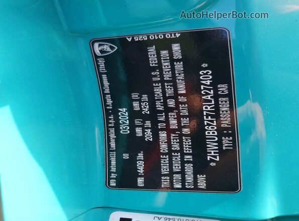 ZHWUB6ZF7RLA27403 2024 LAMBORGHINI HURACAN Бирюзовый Вид подкапотного пространства