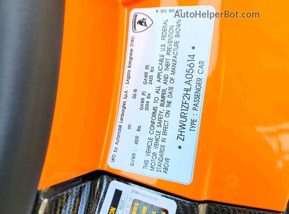 ZHWUR1ZF2HLA05614 2017 LAMBORGHINI HURACAN Оранжевый Вид подкапотного пространства