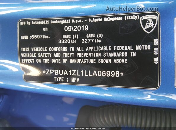 ZPBUA1ZL1LLA06998 2020 LAMBORGHINI URUS Синий Вид подкапотного пространства