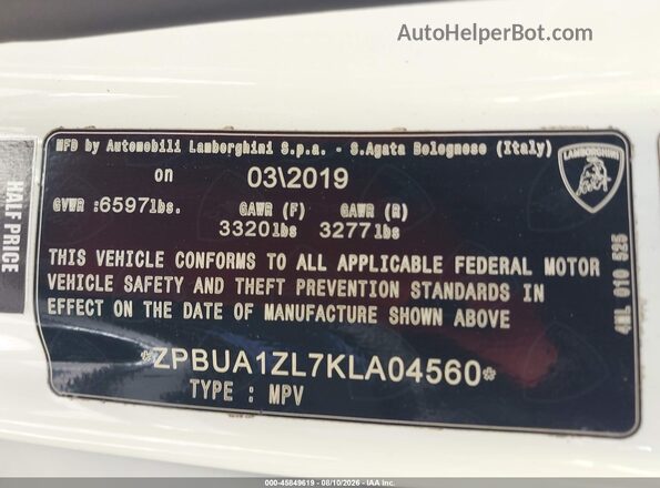 ZPBUA1ZL7KLA04560 2019 LAMBORGHINI URUS Белый Вид подкапотного пространства