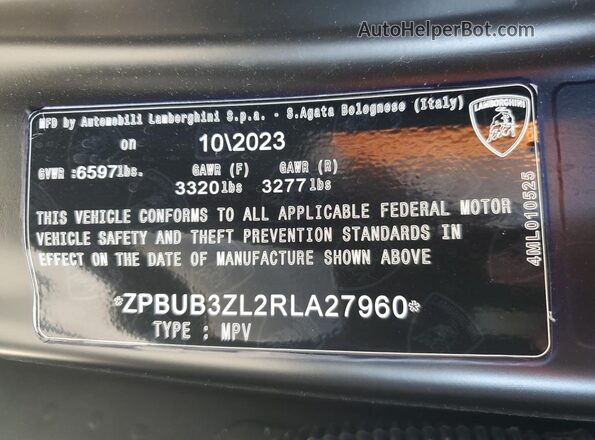 ZPBUB3ZL2RLA27960 2024 LAMBORGHINI URUS Черный Вид наклейки с VIN-кодом