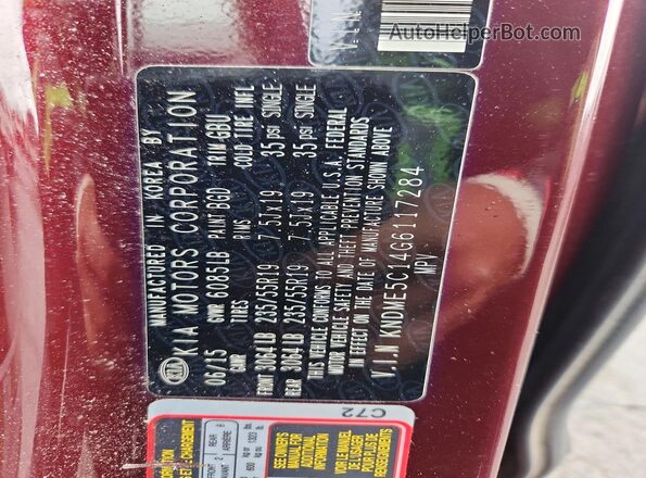 KNDME5C14G6117284 2016 KIA SEDONA Red Вид наклейки з VIN-кодом
