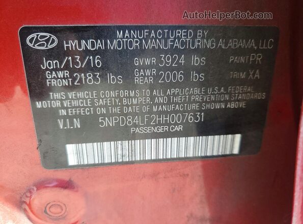 5NPD84LF2HH007631 2017 HYUNDAI ELANTRA Red Widok naklejki z numerem VIN