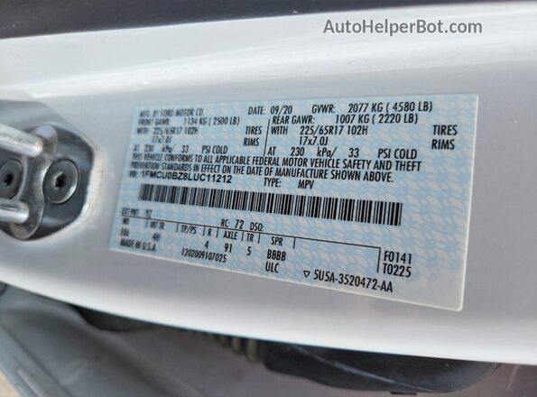 1FMCU0BZ8LUC11212 2020 FORD ESCAPE Белый Панорамный вид салона 360°