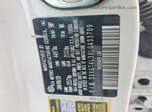 5XXGT4L39LG433709 2020 KIA OPTIMA Белый Вид наклейки с VIN-кодом