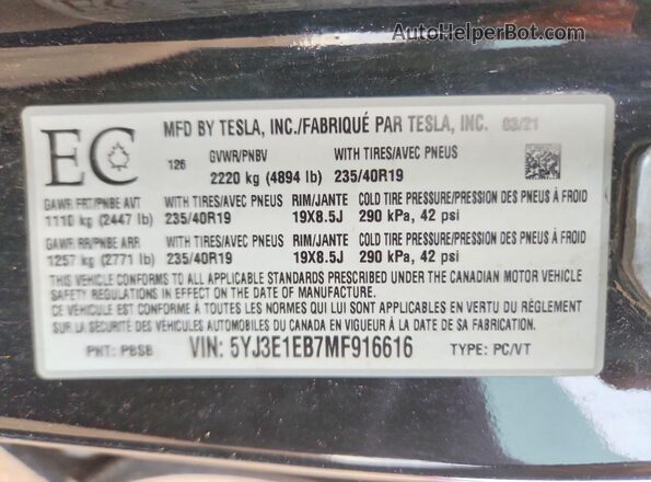 5YJ3E1EB7MF916616 2021 TESLA MODEL 3 Черный Вид наклейки с VIN-кодом