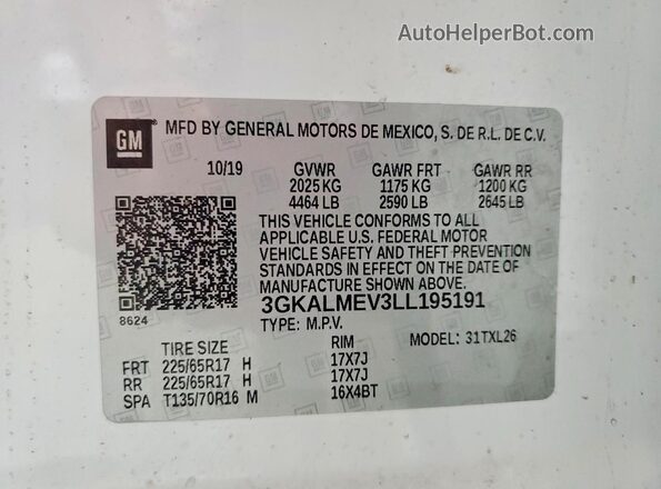 3GKALMEV3LL195191 2020 GMC TERRAIN White 