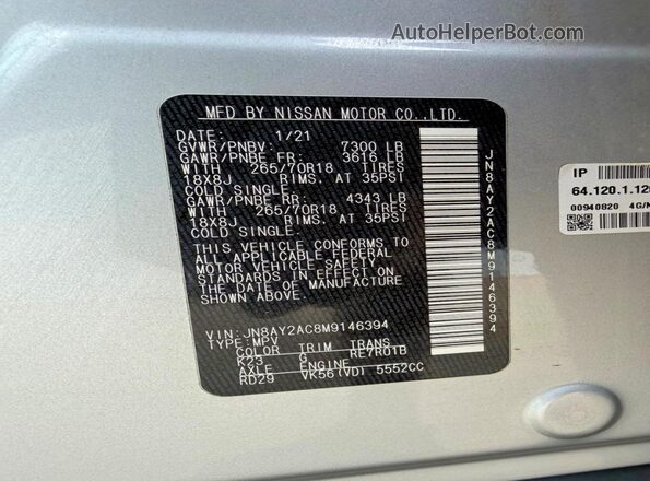 JN8AY2AC8M9146394 2021 NISSAN ARMADA Silver Vista interior trasera