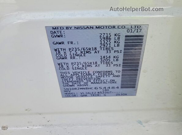 5N1DR2MN8HC654484 2017 NISSAN PATHFINDER Белый Панорамный вид салона 360°