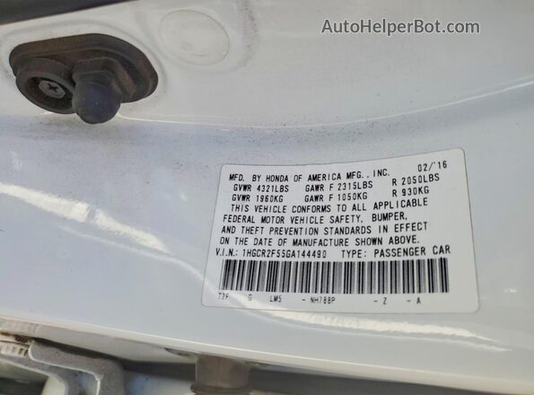 1HGCR2F55GA144490 2016 HONDA ACCORD White Widok naklejki z numerem VIN