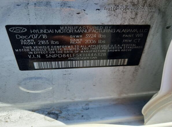 5NPD84LF5KH446328 2019 HYUNDAI ELANTRA White VIN կոդի պիտակի տեսք