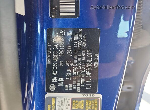 3KPF24AD5KE050478 2019 KIA FORTE Blue VIN կոդի պիտակի տեսք