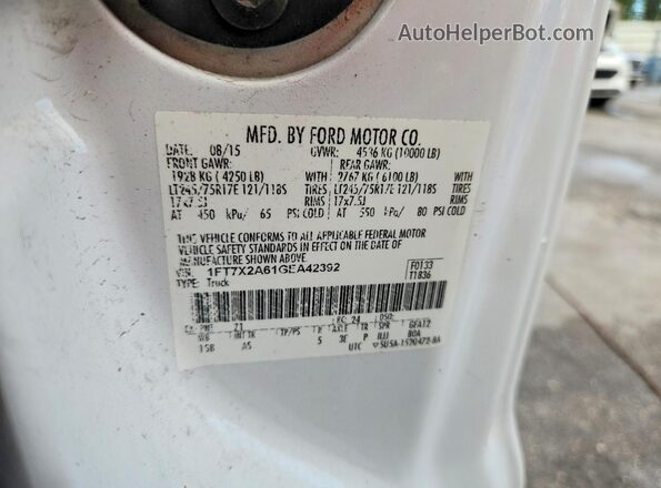 1FT7X2A61GEA42392 2016 FORD F250 White VIN კოდის სტიკერის ხედი