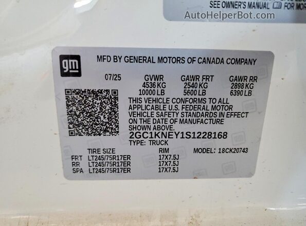 2GC1KNEY1S1228168 2025 CHEVROLET SILVERADO White VIN კოდის სტიკერის ხედი