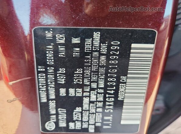 5XXGT4L38JG189290 2018 KIA OPTIMA Maroon Вид наклейки з VIN-кодом