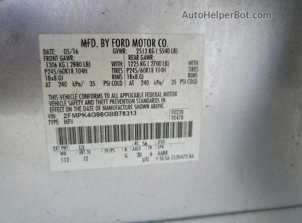 2FMPK4G98GBB78313 2016 FORD EDGE Серебряный Панорамный вид салона 360°