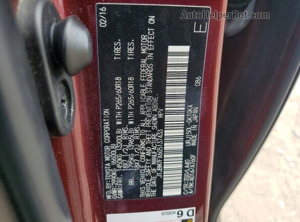 JTJBM7FX6G5137433 2016 LEXUS GX Red VIN կոդի պիտակի տեսք