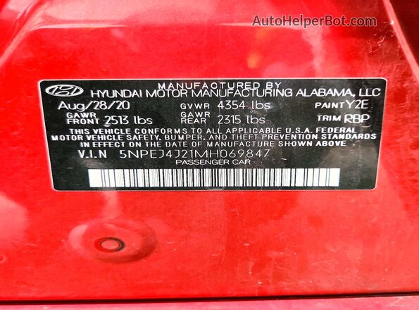 5NPEJ4J21MH069847 2021 HYUNDAI SONATA Красный Вид наклейки с VIN-кодом