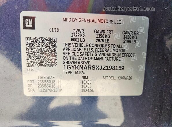 1GYKNARSXJZ198159 2018 CADILLAC XT5 Blue VIN კოდის სტიკერის ხედი