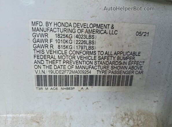 19UDE2F72MA009254 2021 ACURA ILX White VIN კოდის სტიკერის ხედი