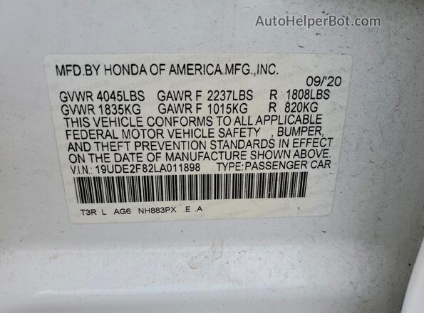 19UDE2F82LA011898 2020 ACURA ILX White ძრავის განყოფილების ხედი