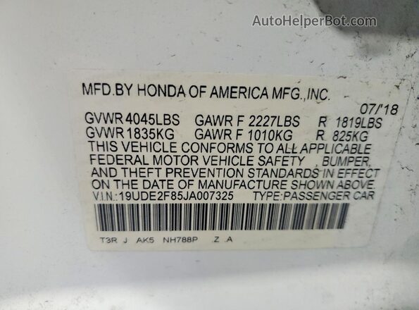 19UDE2F85JA007325 2018 ACURA ILX Белый Вид наклейки с VIN-кодом