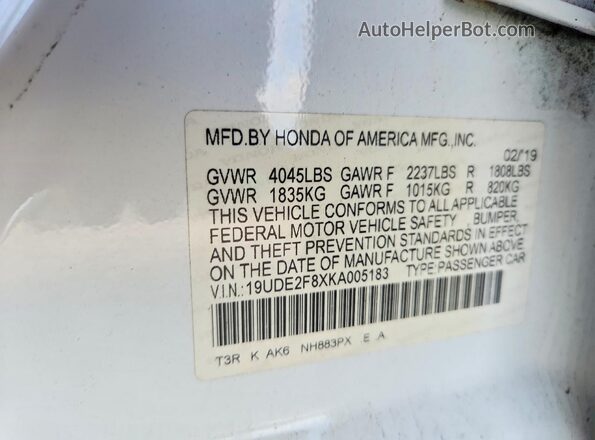 19UDE2F8XKA005183 2019 ACURA ILX White VIN կոդի պիտակի տեսք